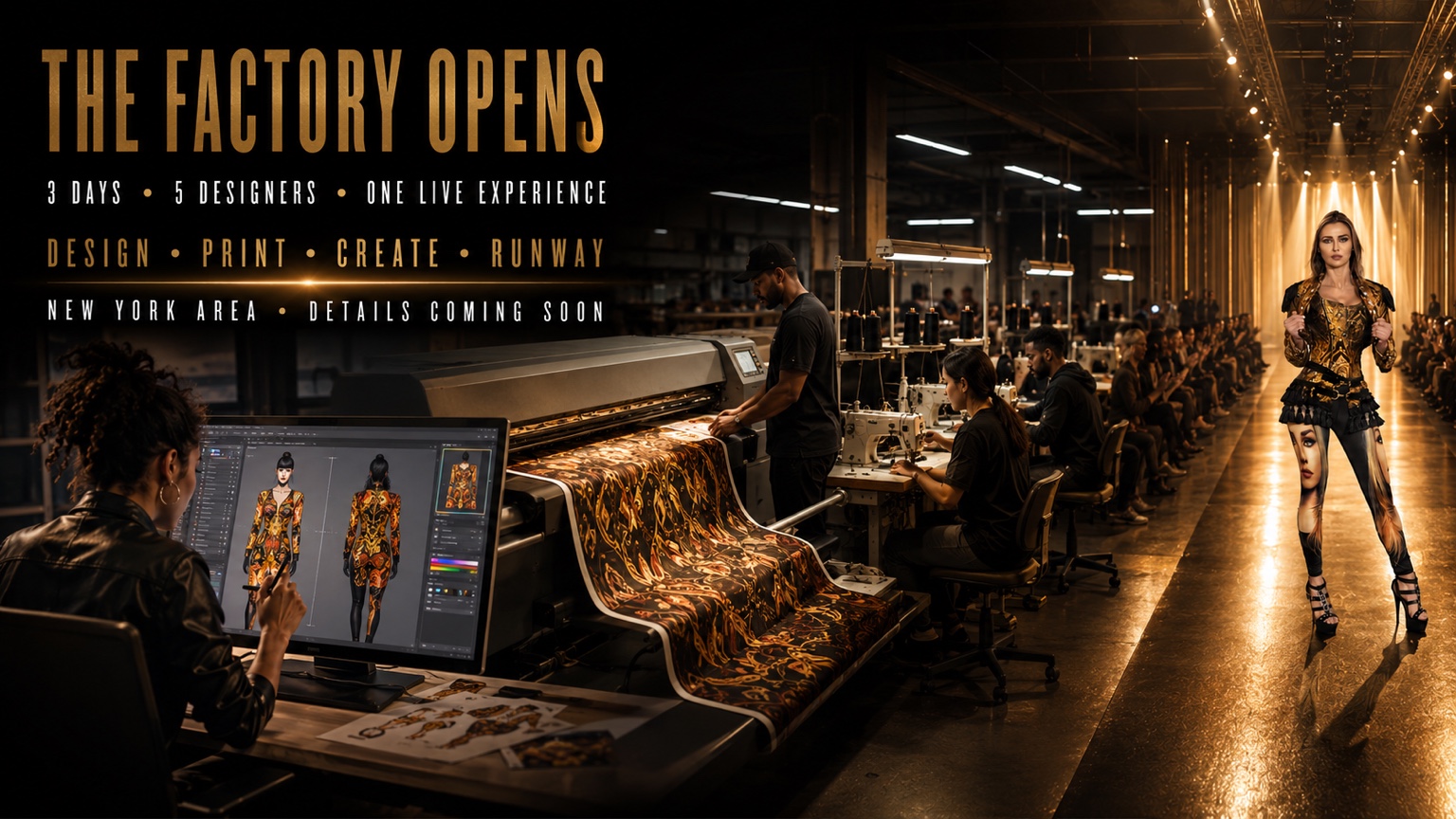 A designer, printer, sewing floor and runway inside a working factory