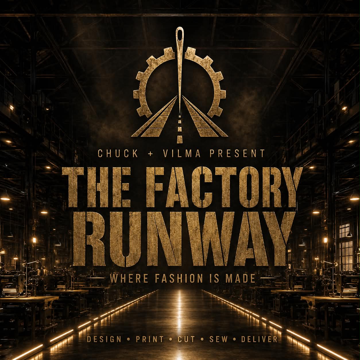 The Factory Runway cover with a bronze needle, gear and factory floor