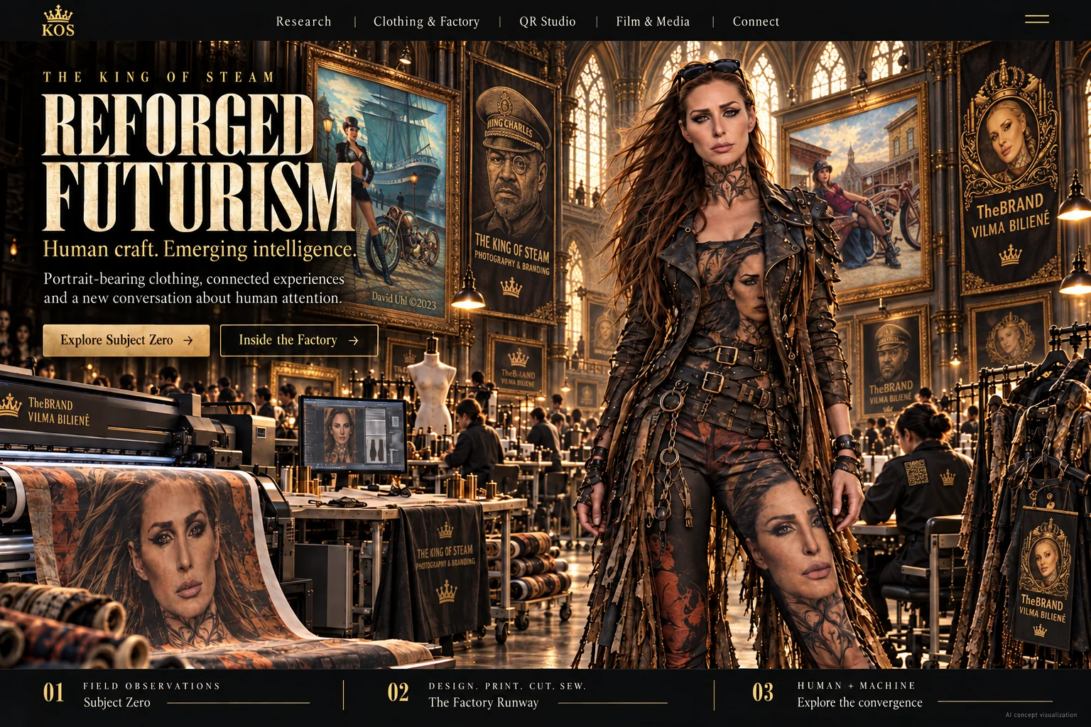 Approved Reforged Futurism concept: a steampunk garment workshop with portrait-bearing clothing, ornate gold frames and emerging technology. AI concept visualization.