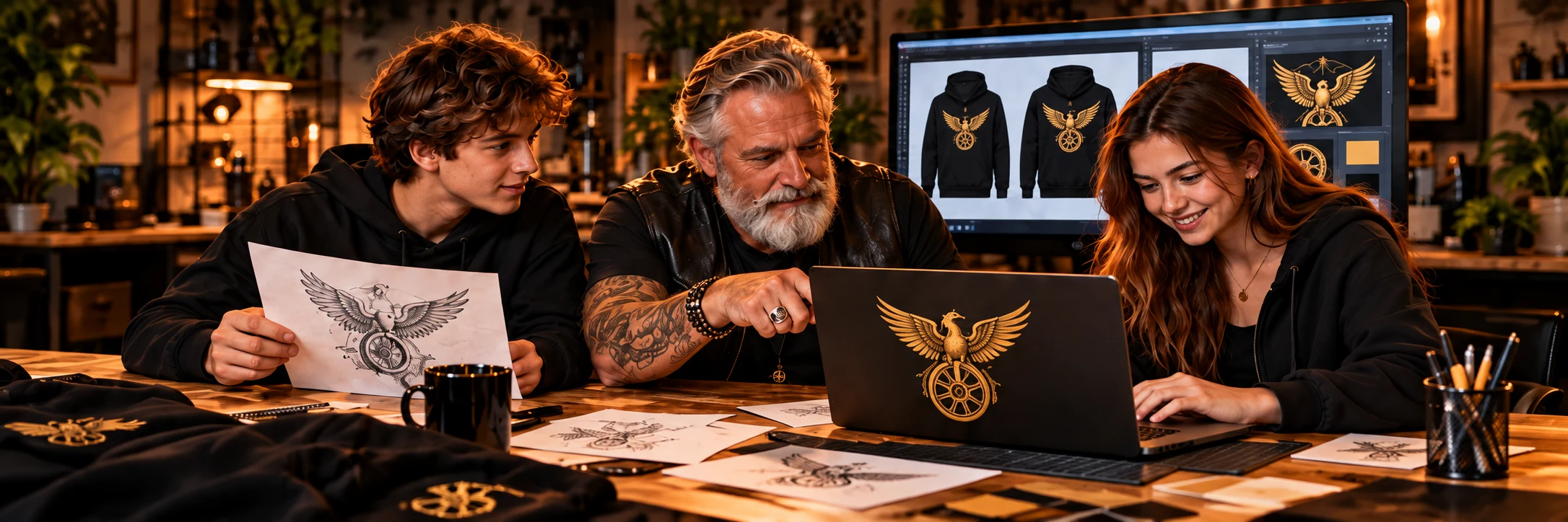 KOS Factory | Design, Develop, Produce, Launch AI illustration of a grandfather working on a clothing idea with his grandson and granddaughter
