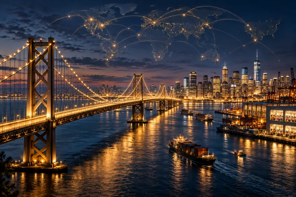 An illuminated gold suspension bridge connecting global trade routes to an American city and garment production waterfront.