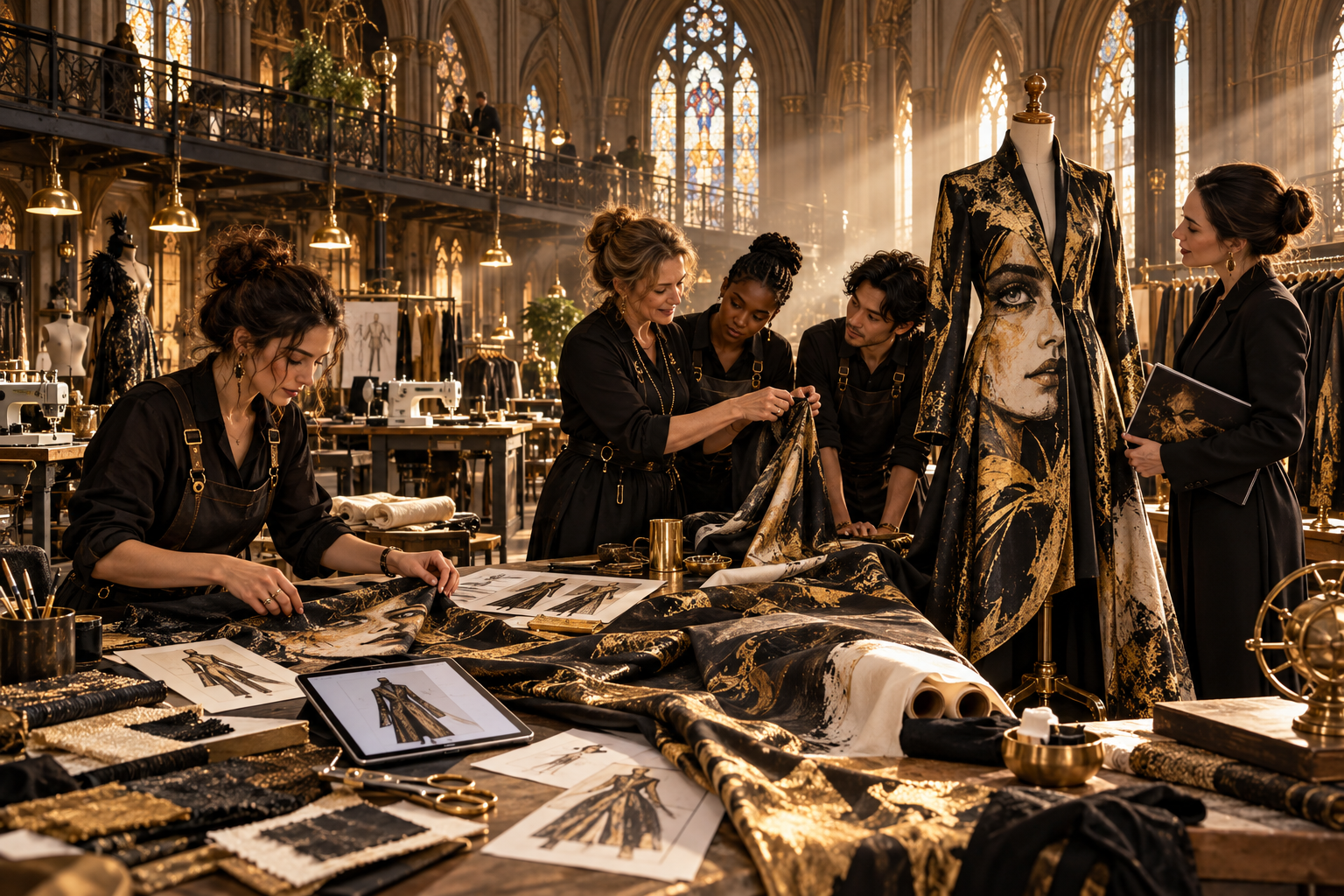 Contact Chuck & Vilma | The King of Steam AI concept of designers creating portrait-print clothing, an instructor teaching learners, and a finished black-and-gold garment in a Gothic workshop.