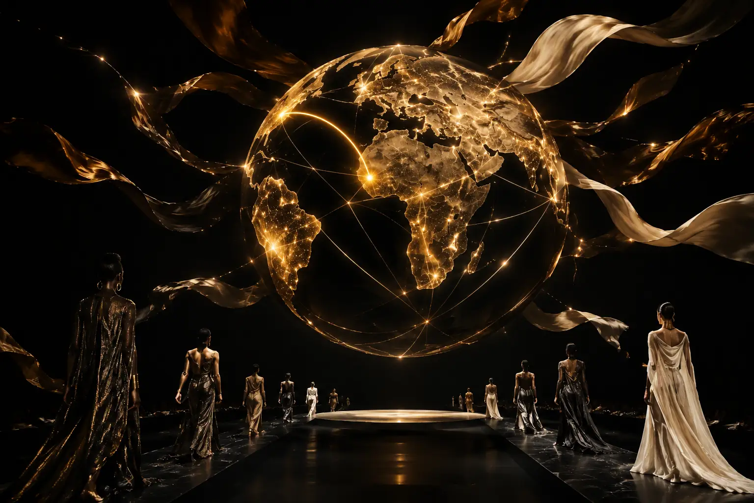 The Bridge A golden globe showing a bright trade route from Africa across the Atlantic to the United States above a fashion runway.