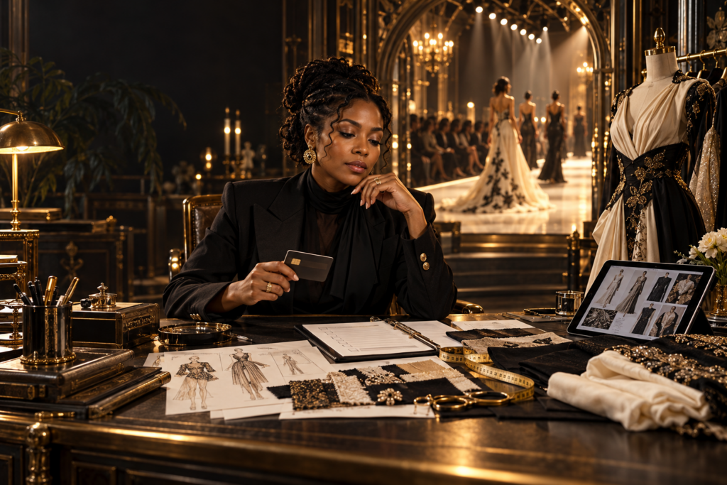 AI-generated concept of a fashion designer pausing with a payment card beside sketches and fabric samples, with a runway in the background.