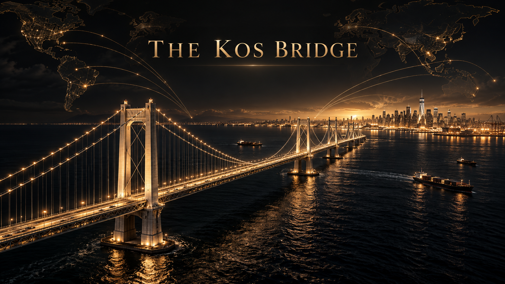The KOS Bridge: an illuminated suspension bridge leading toward an American city, connected to global trade routes.