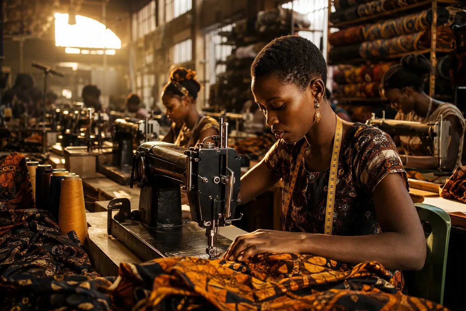 The Bridge Illustrative artwork showing African tailors at sewing stations in golden light.