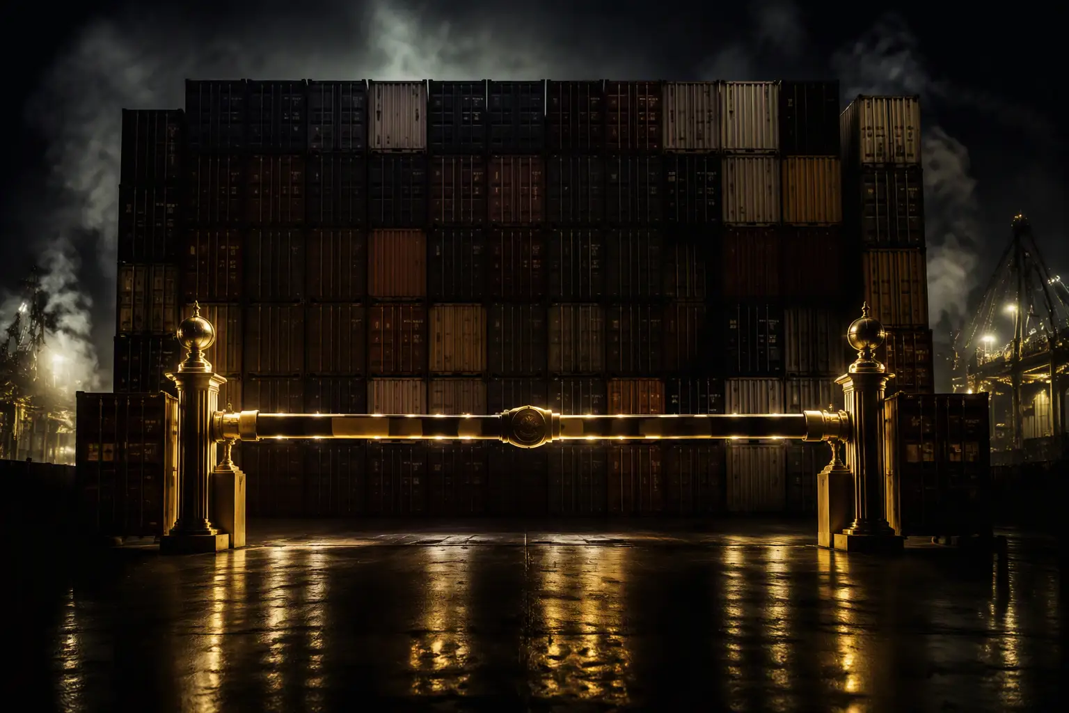 The Bridge A golden customs barrier before a wall of shipping containers at night.